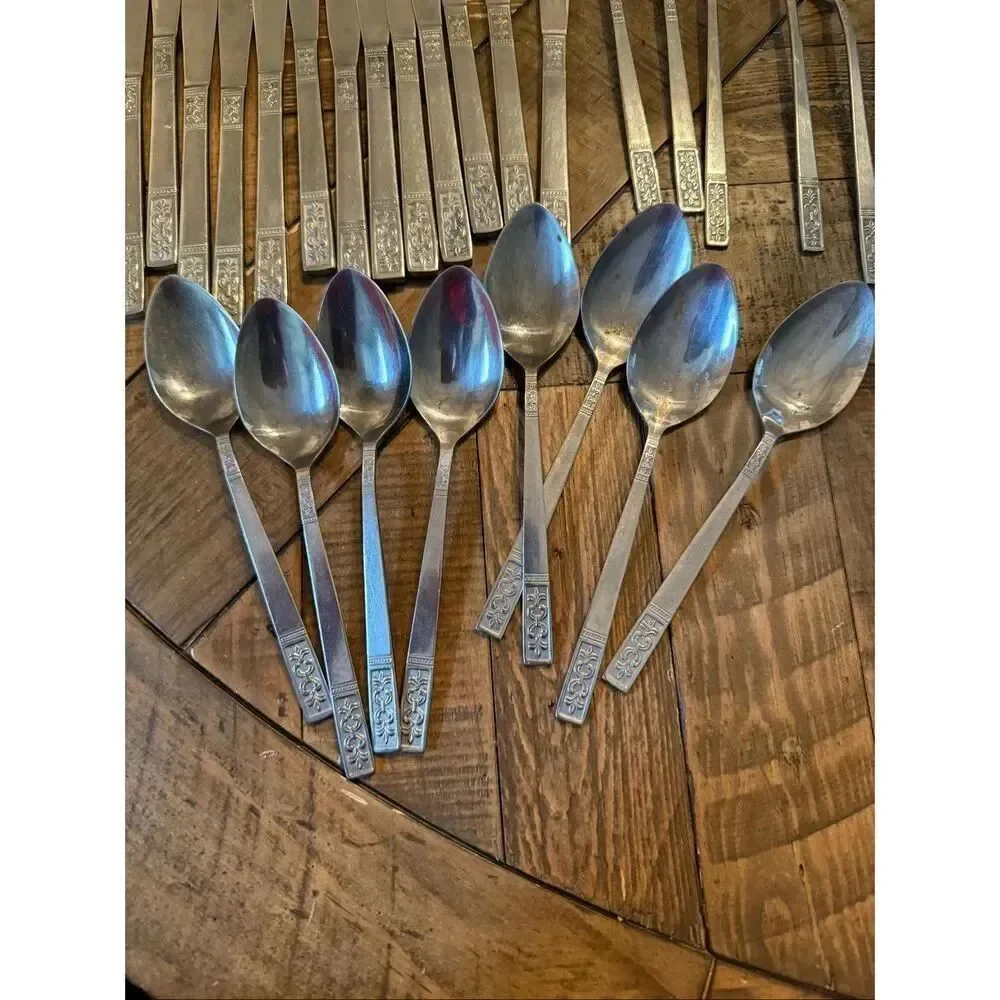 Vintage Custom Craft Stainless Steel Flatware 52PCs Fleur De Lis Mid Century MCM
